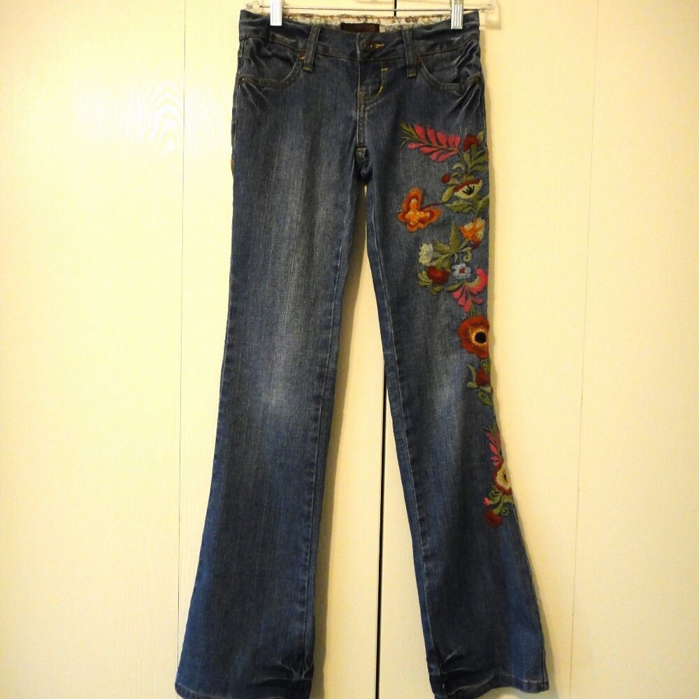Zana Di Jeans Embroidered Flowers Butterfly Low Rise sz 1 Junior 26x32 Blue - Picture 2 of 15